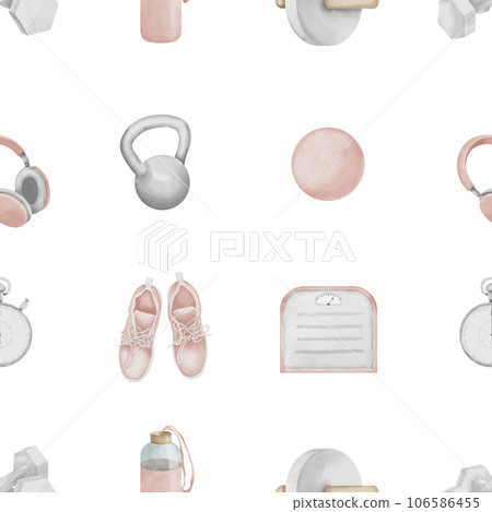 Seamless Pattern with female Fitness exercise equipment. Hand drawn watercolor illustration of Sport tools on white isolated background. Drawing for women's gym workout clothes and fabric prints. Seamless Pattern with female Fitness exercise equipment. Hand drawn watercolor illustration of Sport tools on white isolated background. Drawing for women's gym workout clothes and fabric prints. 106586455