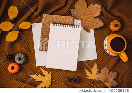 Top view photo of mock up open empty planner, notebook, orange cup and autumn leaves on brown earthy tones fabric texture background. Autumn fall mockup with blank space 106586538