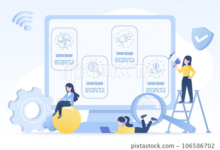 Business concept. Business people meeting to discuss planning, thinking, brainstorming, management, improvement, development to achieve success. Flat vector design illustration and symbol icons. 106586702