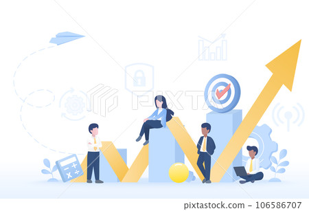 Business startup concept. Analysis data, market trends, growth management, tactical plan, strategy improvement, development for success. Flat vector design illustration. 106586707