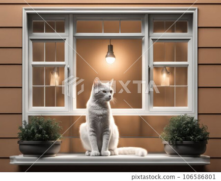 White cat at the window. 106586801