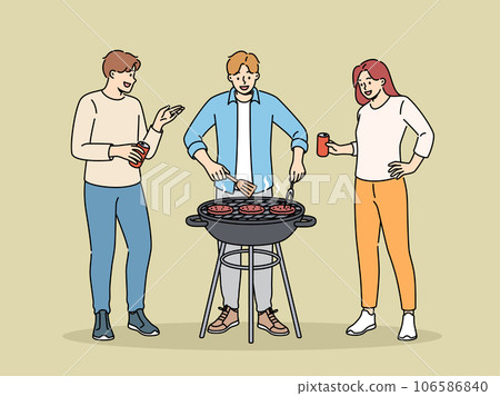 BBQ party with cheerful friends drinking beer and grilling meat on grill in park or in backyard 106586840