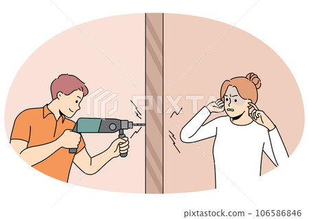 Woman annoyed with loud neighbor drilling 106586846