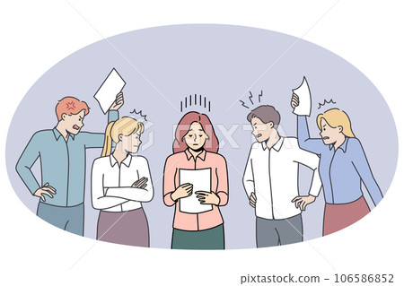 Stressed businesswoman surrounded by demanding colleagues 106586852
