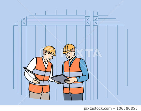 Men work in industrial field and stand near sea shipping containers discussing logistics cargo 106586853