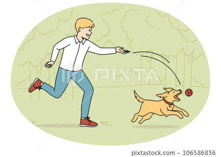 Happy boy playing with dog in park 106586856