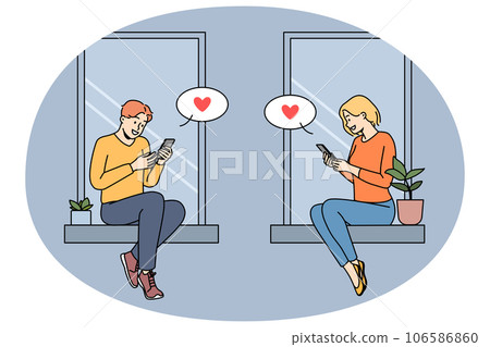 Couple texting online on smartphones 106586860
