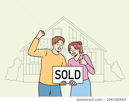 Happy couple is standing near house with inscription sold, rejoicing in sale of real estate Happy couple is standing near house with inscription sold, rejoicing in sale of real estate 106586864