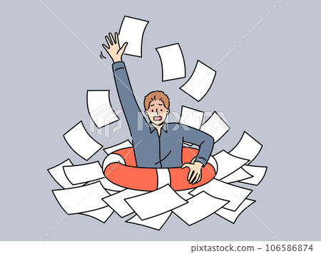 Business man with lifeline is drowning in paperwork, suffering from burnout-causing bureaucracy Business man with lifeline is drowning in paperwork, suffering from burnout-causing bureaucracy 106586874