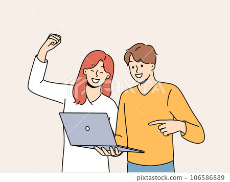 Happy couple with laptop make win gesture after winning in online casino or lottery with cash prize 106586889