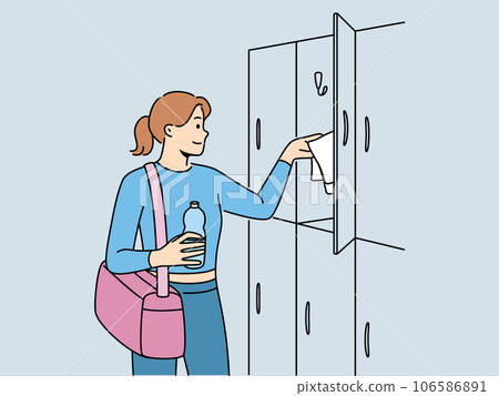 Woman visitor to gym stands near lockers for personal belongings and prepares for sports workout 106586891