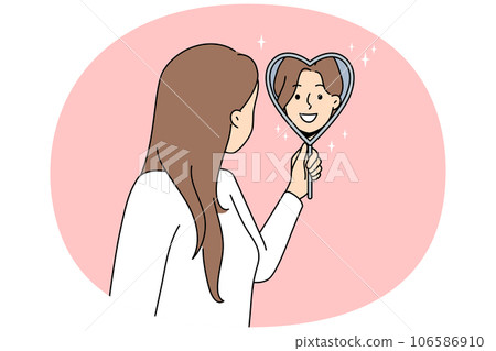 Happy woman look in heart shaped mirror 106586910