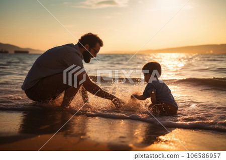 Father and son silhouettes at sunset beach. Generative AI 106586957