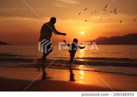Father and son silhouettes at sunset beach. Generative AI 106586959