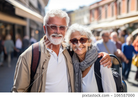 Senior couple travelling together, walking at city street. Generative AI 106587000