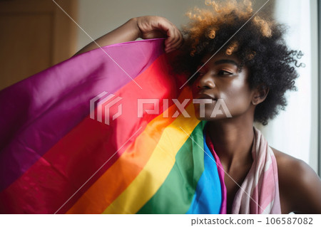 Smiling woman with LGBT rainbow flag. Generative AI 106587082
