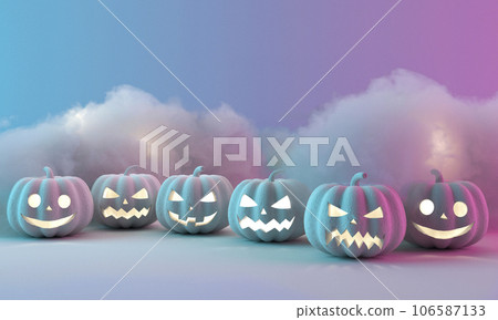 Many Halloween Pumpkins in a row on color background. 3d rendering Many Halloween Pumpkins in a row on color background. 3d rendering 106587133