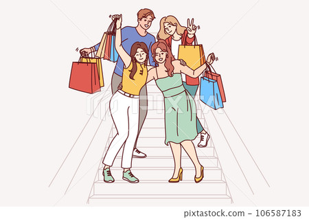 Group of shopaholics, mall buyers with multi-colored paper bags are standing on stairs Group of shopaholics, mall buyers with multi-colored paper bags are standing on stairs 106587183