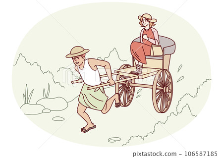Man pulling rickshaw with female passenger Man pulling rickshaw with female passenger 106587185