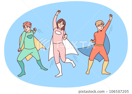 Happy kids in superhero costumes Happy kids in superhero costumes 106587205