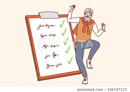 Elderly man completed all tasks and dancing near giant clipboard with list of goals and checkmarks Elderly man completed all tasks and dancing near giant clipboard with list of goals and checkmarks 106587225