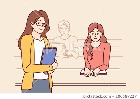 Woman rector and students seated in university auditorium to advertise education programs and grants 106587227