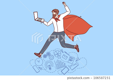 Business man in superhero cape holds laptop and rejoices at team corporate achievements 106587231