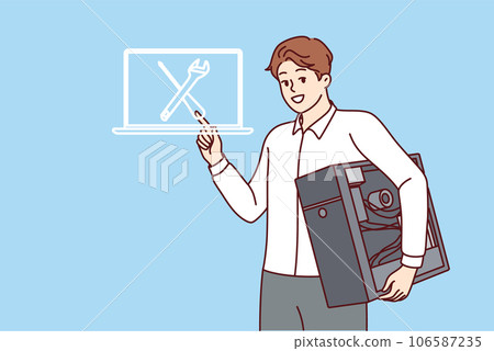 Man is computer repairman, holds disassembled PC, and recommends contacting warranty center Man is computer repairman, holds disassembled PC, and recommends contacting warranty center 106587235