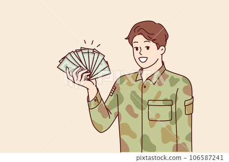 Man in military uniform holds money, calling to become soldier army for large income or preferences Man in military uniform holds money, calling to become soldier army for large income or preferences 106587241