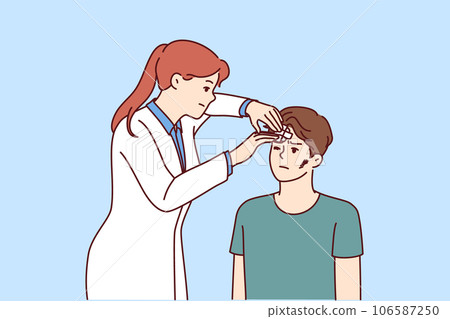 Doctor assists injured patient with head abrasions after accident or fight with criminal Doctor assists injured patient with head abrasions after accident or fight with criminal 106587250