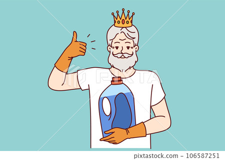 Older man holds bottle of detergent and gives thumbs up, recommending quality liquid fabric softener Older man holds bottle of detergent and gives thumbs up, recommending quality liquid fabric softener 106587251