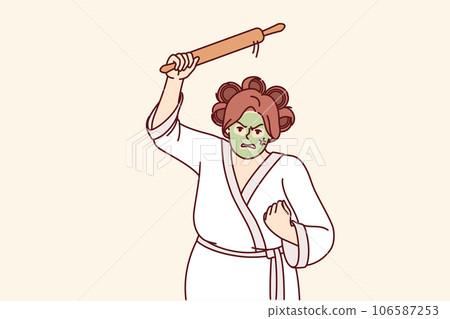 Aggressive woman holding rolling pin and threatening to be beaten, dressed in bathrobe with curlers Aggressive woman holding rolling pin and threatening to be beaten, dressed in bathrobe with curlers 106587253