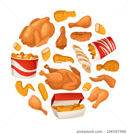 Crispy Fried Chicken Food Round Composition Design Vector Template 106587499