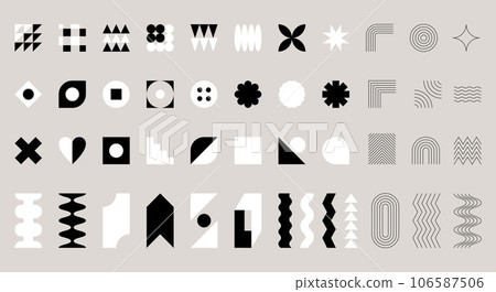 Geometric shapes collection. Brutalism, Swiss minimalism, Bauhaus style. Simple flat and outline design elements. Black and white monochrome vector objects isolated on grey. Ediatble strokes. 106587506