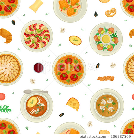 French Cuisine Seamless Pattern Design with Tasty Dish Top View Vector Template 106587509