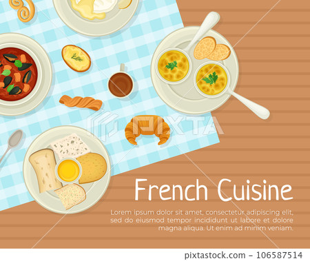 French Cuisine Banner Design with Tasty Dish Top View Vector Template 106587514