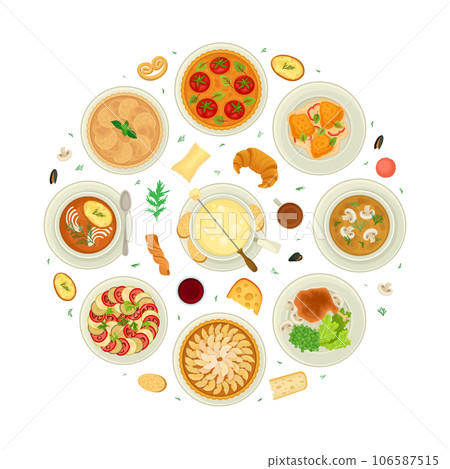 French Cuisine Round Composition Design with Tasty Dish Top View Vector Template French Cuisine Round Composition Design with Tasty Dish Top View Vector Template 106587515