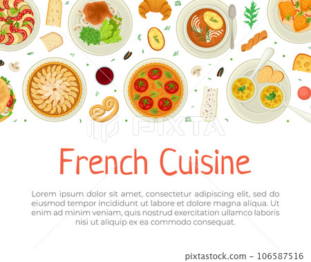 French Cuisine Banner Design with Tasty Dish Top View Vector Template French Cuisine Banner Design with Tasty Dish Top View Vector Template 106587516