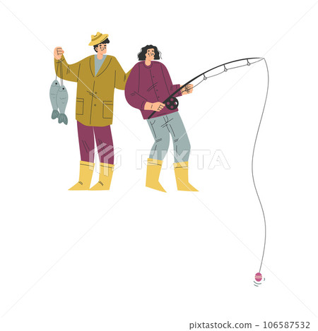 Man and Woman Fishing with Rod on Lake Vector Illustration Man and Woman Fishing with Rod on Lake Vector Illustration 106587532