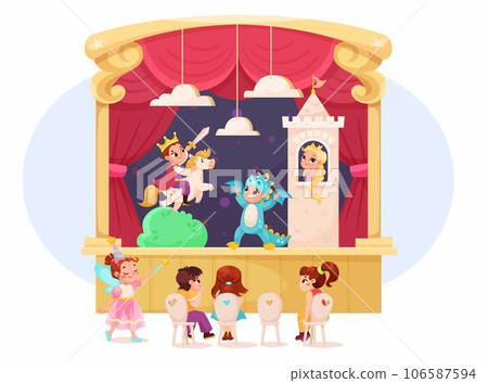 Children in Theater Play Performance Wearing Costumes Performing on Stage Vector Illustration 106587594