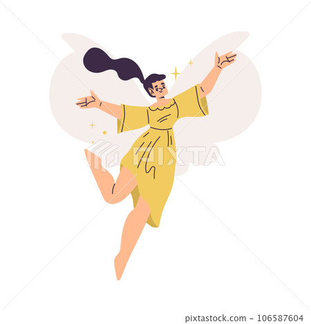 Beautiful Woman Fairy with Wings in Yellow Dress Fluttering Around Vector Illustration 106587604
