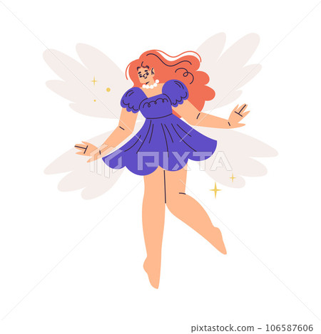 Beautiful Woman Fairy with Wings in Purple Dress Fluttering Around Vector Illustration Beautiful Woman Fairy with Wings in Purple Dress Fluttering Around Vector Illustration 106587606