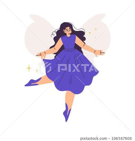 Beautiful Woman Fairy with Wings in Purple Dress Fluttering Around Vector Illustration 106587608