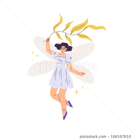 Beautiful Woman Fairy with Wings in Dress Fluttering Around Vector Illustration Beautiful Woman Fairy with Wings in Dress Fluttering Around Vector Illustration 106587610