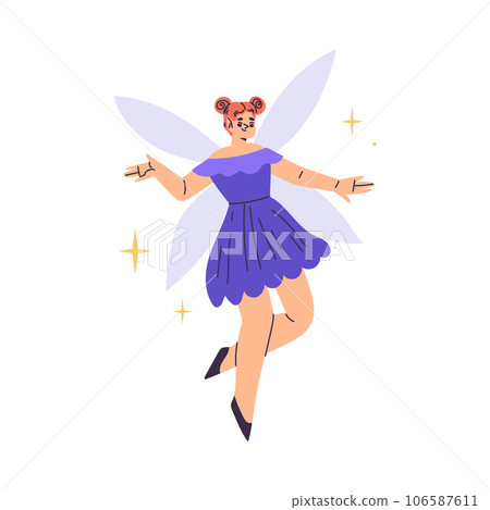 Beautiful Woman Fairy with Wings in Purple Dress Fluttering Around Vector Illustration Beautiful Woman Fairy with Wings in Purple Dress Fluttering Around Vector Illustration 106587611