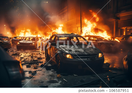 Pogroms and riots in night city. Broken cars on fire 106587951