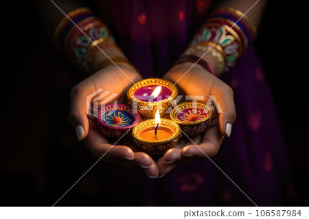 Woman hands with henna holding colorful clay diya lamps lit during diwali celebration Woman hands with henna holding colorful clay diya lamps lit during diwali celebration 106587984