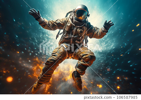 Man wearing virtual reality glasses and dancing in outer space among golden meteorites. Augmented reality. Man wearing virtual reality glasses and dancing in outer space among golden meteorites. Augmented reality. 106587985