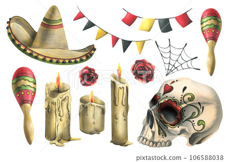 Human skull with drawn ornament with sombrero hat, maracas, candles, flag garlands. Hand drawn watercolor illustration for Halloween, day of the dead, Dia de los muertos. Set of isolated elements. 106588038