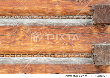 Wooden background, close-up of a log house with knots Wooden background, close-up of a log house with knots 106588073